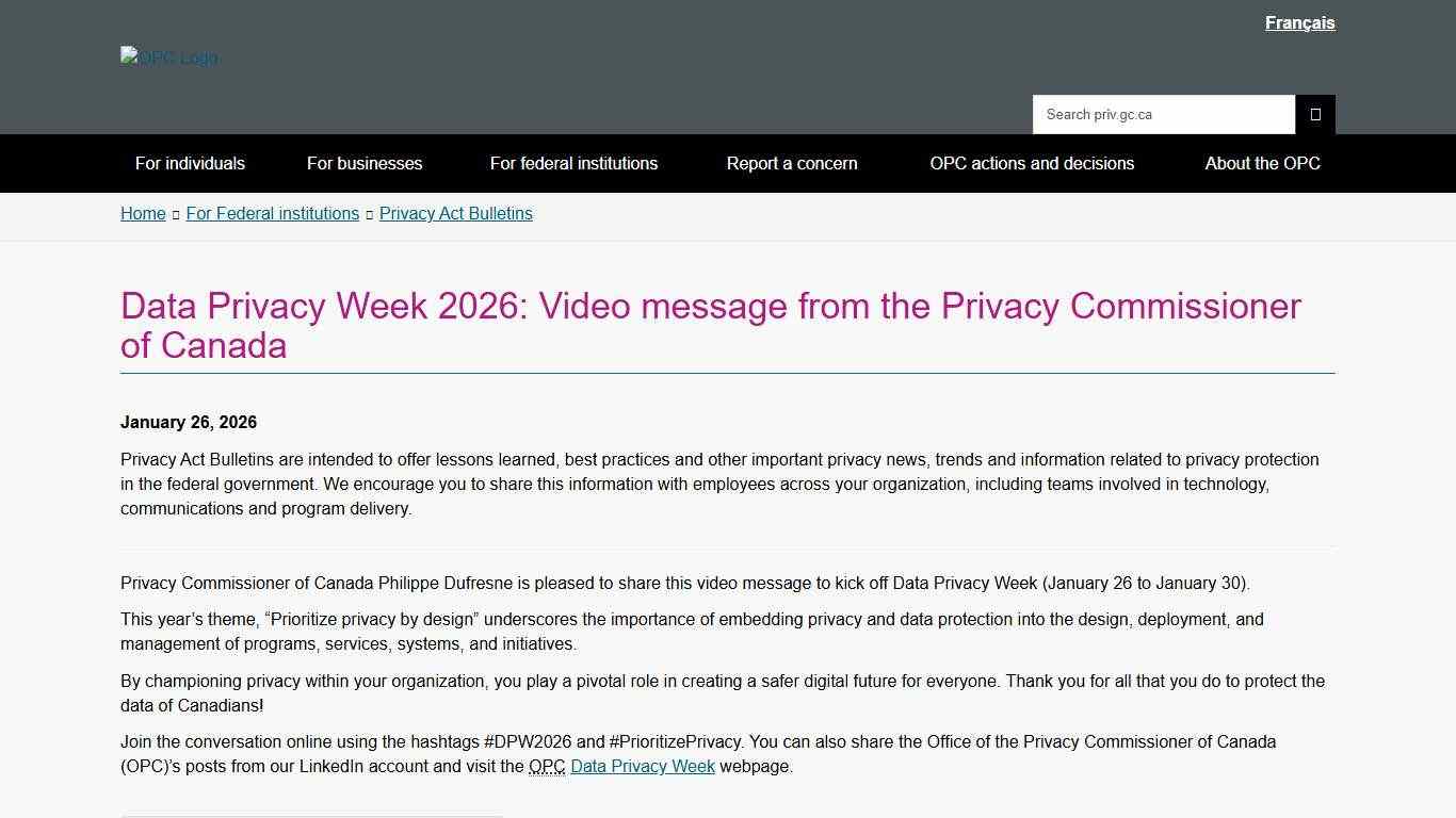 Data Privacy Week 2026: Video message from the Privacy Commissioner of Canada - Office of the Privacy Commissioner of Canada